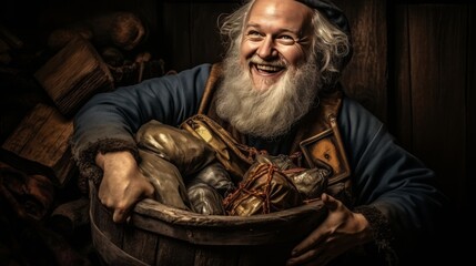 Obraz premium Santa claus joyfully carrying a sack filled with christmas presents during festive season
