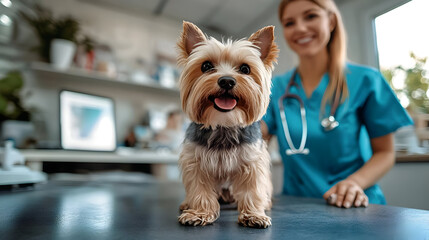 A happy dog at a veterinary clinic with a smiling vet.