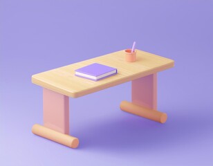 Fototapeta premium 3D simple wooden desk with a purple book and a pencil holder, 3D illustration