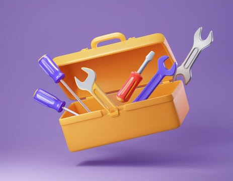 3D yellow toolbox with screwdrivers and wrenches spilling out, 3D illustration