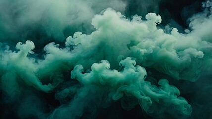 Green themed smoke with black background, different hues of green abstract background, mist fog illustration