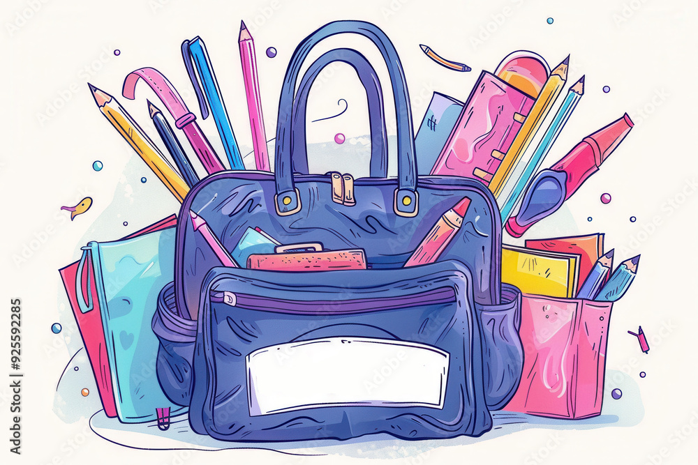 Wall mural Doodle-style flat illustration of a school bag and stationery, empty space for text