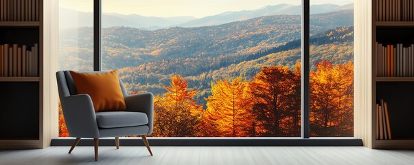 Cozy interior featuring a chair with a stunning view of autumn foliage and serene mountains through a large window.