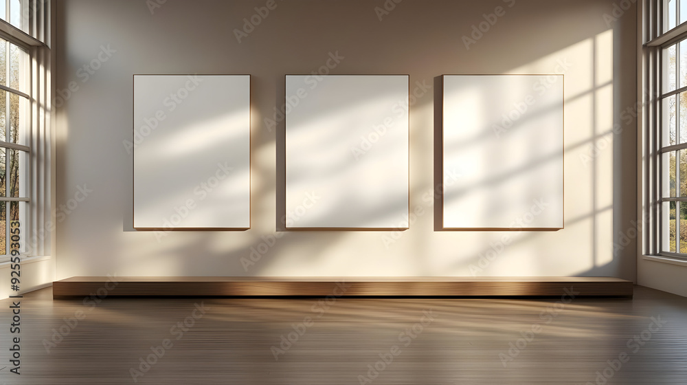 Poster a minimalist art gallery with empty frames awaiting artwork.
