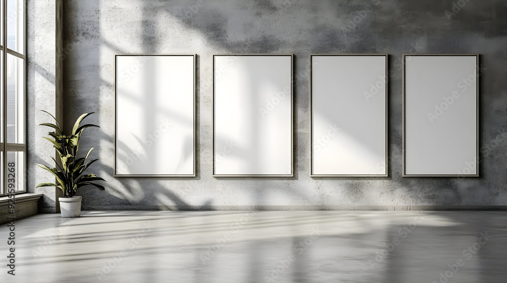 Poster a minimalist gallery space with empty frames and a plant.