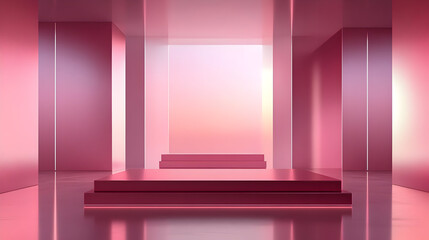 A modern, minimalist space with pink hues and geometric shapes, ideal for presentations or displays.