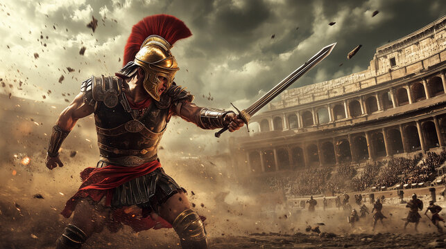 photo of gladiator holding his sword ready for battle in colloseum of rome