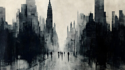 A monochromatic cityscape with silhouettes of people walking amidst tall buildings.