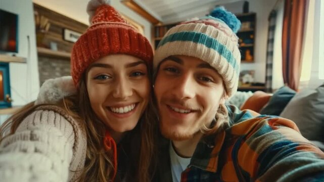 Silly young couple wearing silly hats and posing for selfies in their cozy living room, making memories and laughing together.