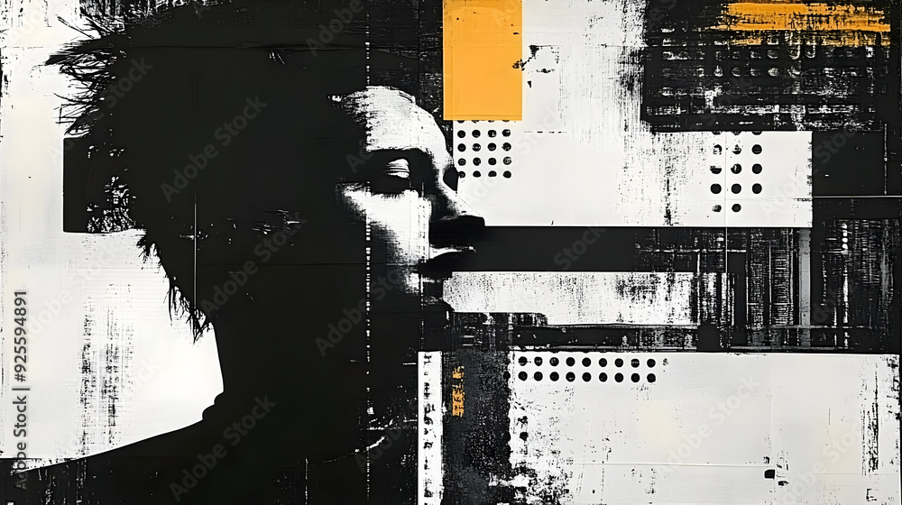 Aufkleber a monochromatic portrait with abstract elements and textures.