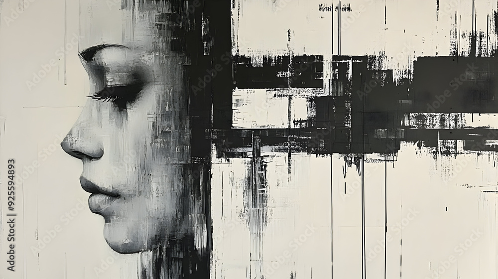 Poster a monochromatic portrait blending human features with abstract elements.