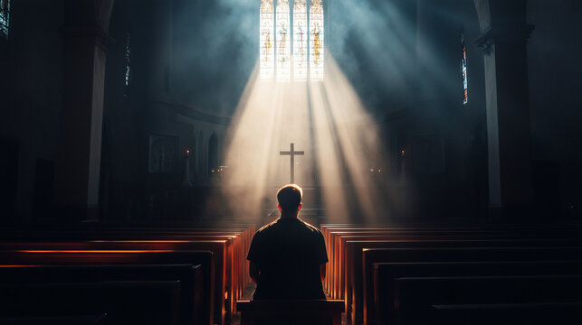 man kneeling and praying in the middle of the church in front of the Holy Cross on the Alter. It is illuminated by bright rays of light