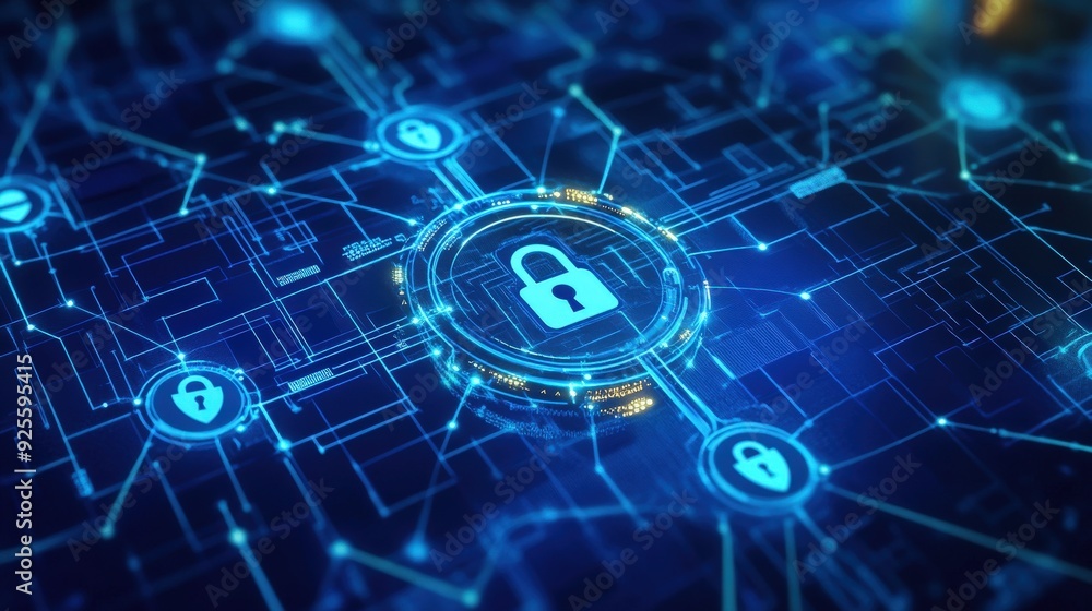Poster secure digital medical records system with data encryption symbols, highlighting the importance of p