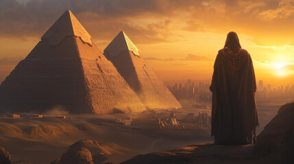 painting of alchemist standing in front of egyptian pyramids in the desert