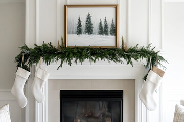 A simple, elegant white fireplace with greenery and stockings hanging above it. A framed painting of an evergreen forest in the background adds natural beauty to the scene. The room is well-lit.