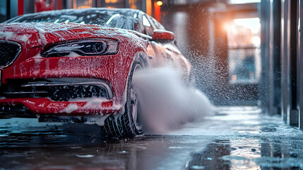 A red car being washed with soap and water in a car wash.