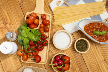 Top view of delicious food's special menu homemade preparing station of spaghetti with minced meat...