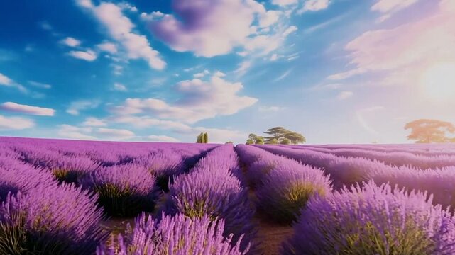 Purple flowers lavender field aerial moving forward