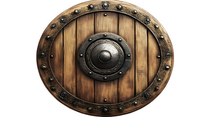 Naklejka premium A round wooden shield with metal accents, designed for protection in combat.