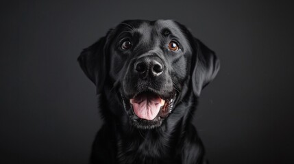 Fototapeta premium A joyful black labrador retriever with a happy expression. The dog’s shiny coat gleams against a dark background. This captivating portrait highlights loyalty and companionship. AI
