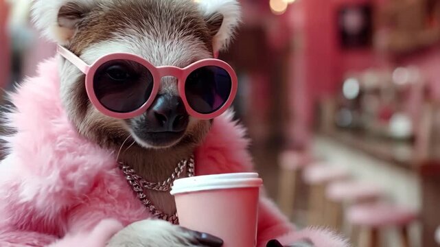 stylish classy modern fashionista sloth wearing pink sunglasses and pink firry coat at coffee shop	
