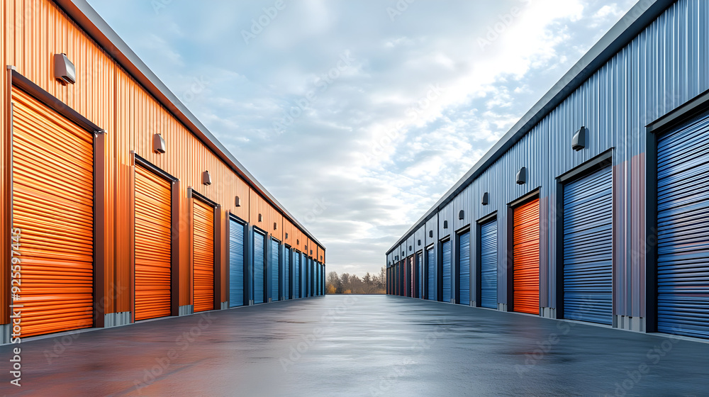 Wall mural A row of storage units with colorful doors under a cloudy sky.