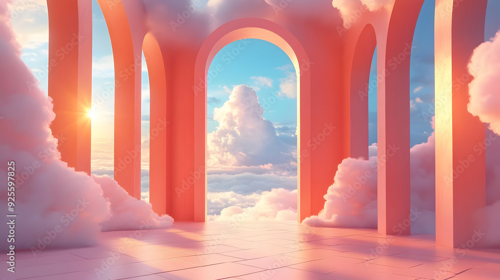 Poster a serene archway scene with clouds and soft lighting.