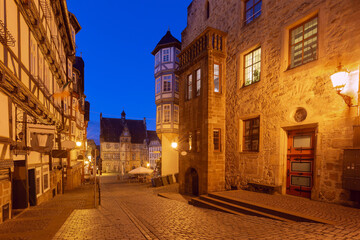 Night medieval Old Town Hall square with half-timbered houses, Marburg an der Lahn, Hesse, Germany
