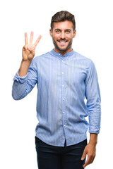 Young handsome man over isolated background showing and pointing up with fingers number three while smiling confident and happy.