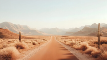 A serene desert road surrounded by mountains and cacti.