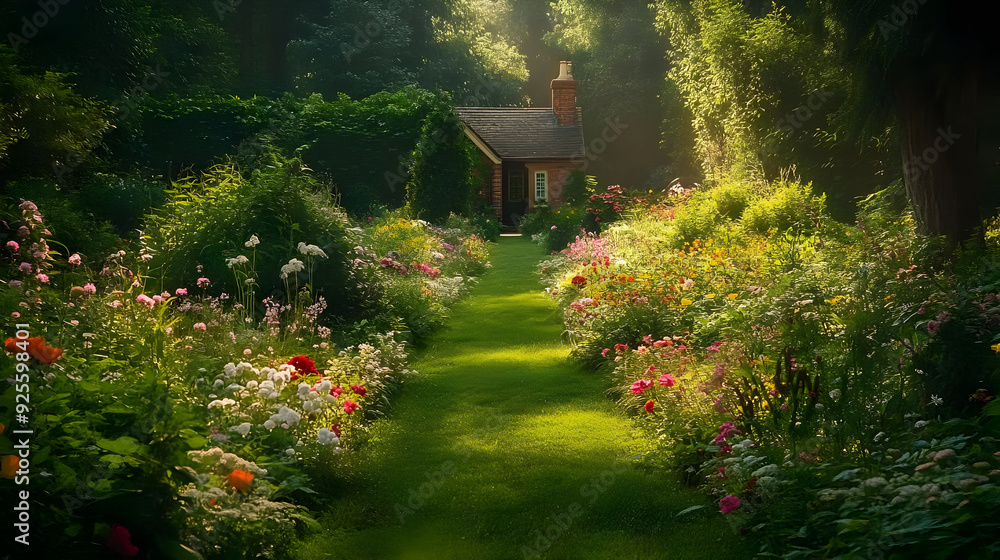 Wall mural A serene garden path leading to a cozy cottage surrounded by flowers.