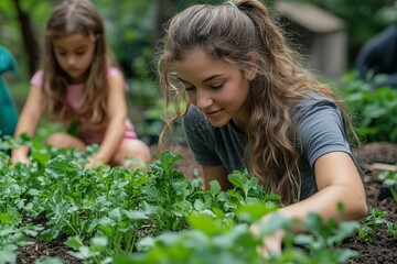 Fototapeta premium Young women gardening together in a lush backyard during a sunny afternoon
