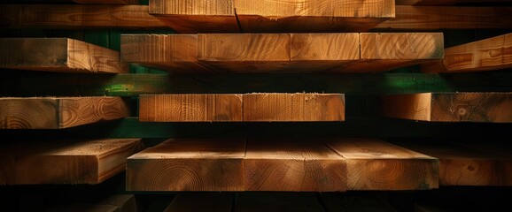 Naklejka premium Inside A Storage House, A Group Of Old Wooden Timbers Leaning Against The Wall, Creating A Nostalgic And Timeless Atmosphere