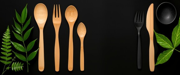 Natural Eco-Friendly Disposable Utensils Made Of Bagasse And Bamboo, Highlighting Sustainable Alternatives