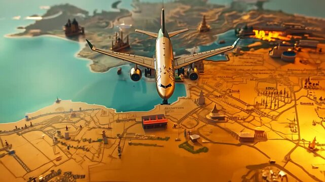 a toy airplane flying over world map with mark of landmarks, 