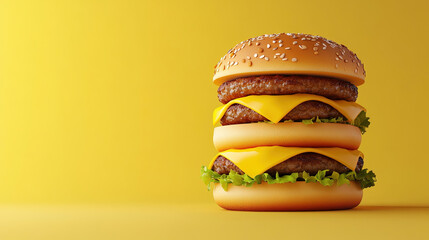 Wallpaper photo 3d rendered illustration of double cheeseburger in pastel background. Copy space for text, International Burger Day.