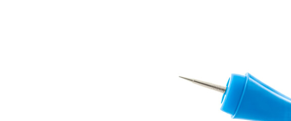 Closeup of a blue pen with a silver tip on a white background