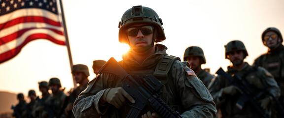 US Army Soldiers Standing Guard With American Flag