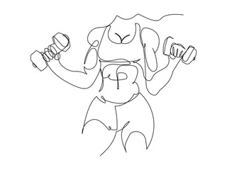 A woman engages in strength training, holding dumbbells, showcasing her athletic form in a simple line drawing.