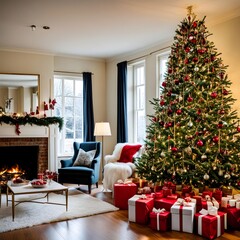 Festive Christmas Tree with Sparkling Lights and Ornaments.