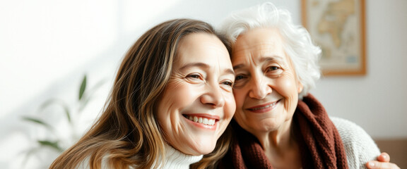 Senior woman and her daughter smiling together