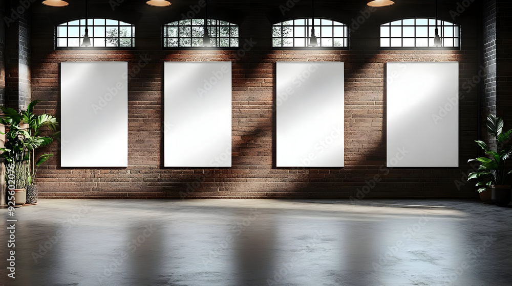 Poster a spacious gallery with empty frames on a brick wall, ready for artwork display.
