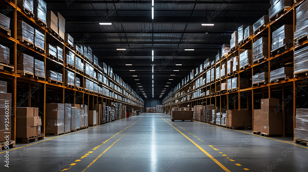 Poster a spacious warehouse with stacked pallets and boxes, designed for storage and logistics.
