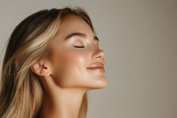 Fototapeta premium A close up of a woman's face with her eyes closed and long blond hair