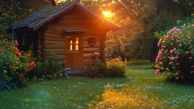 small wooden cottage in lush forest with front garden full of flower blossoming, fairytale dreamlike witch house