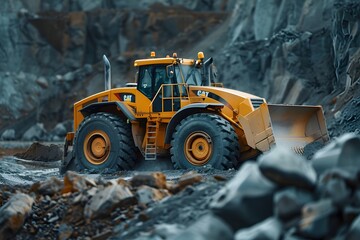 Yellow excavator digs earth with massive shovel on construction siteYellow excavator digs earth with massive shovel on construction site