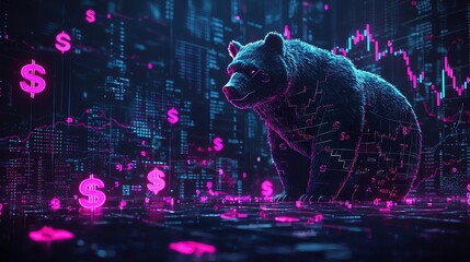 A digital bear market concept with neon colors, showcasing a bear amidst rising dollar signs and financial graphs.