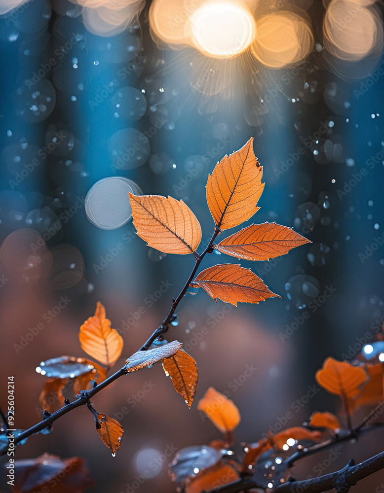 Poster orange leaves on a branch with blurred bokeh background. generative ai