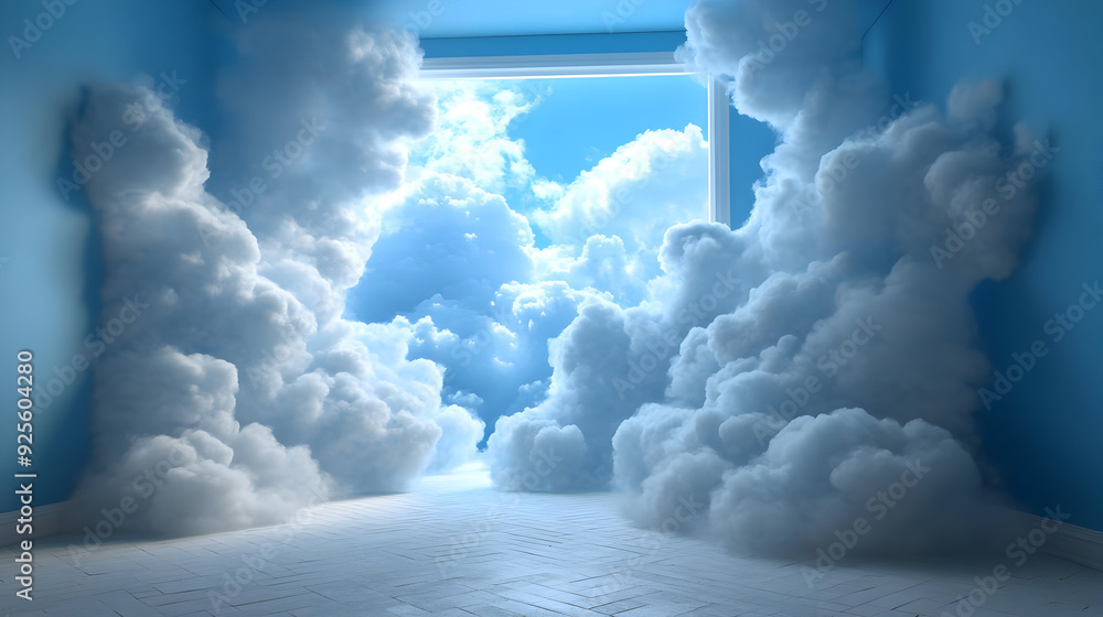 Poster a surreal room with clouds spilling through an open window.