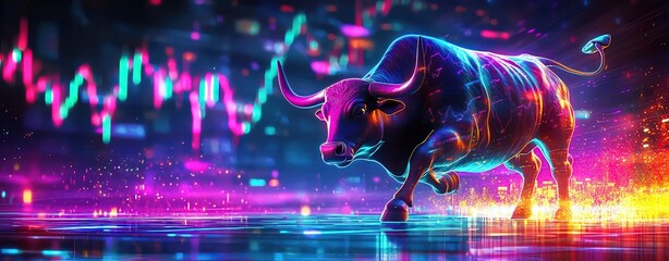 A vibrant and colorful bull symbolizing strength and market growth, set against a backdrop of dynamic digital graphs.